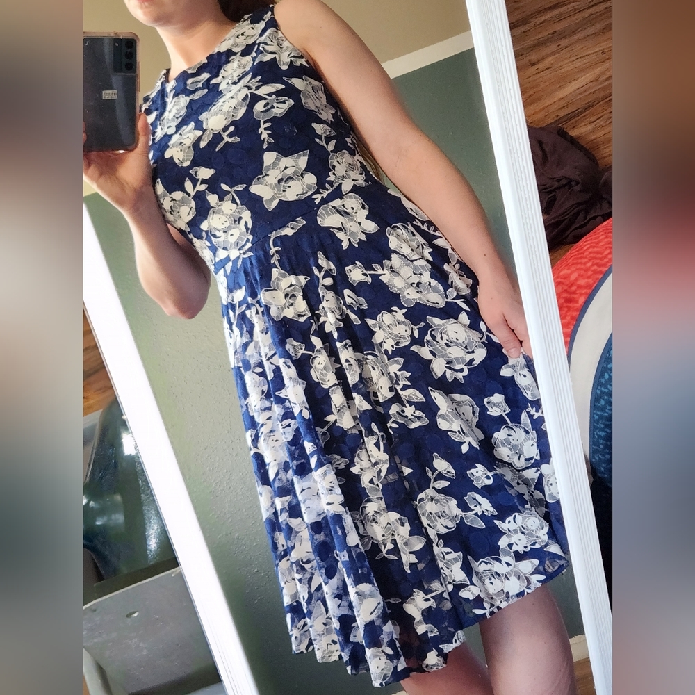 danny & nichole Blue Dress with White Floral and Silver Hardware